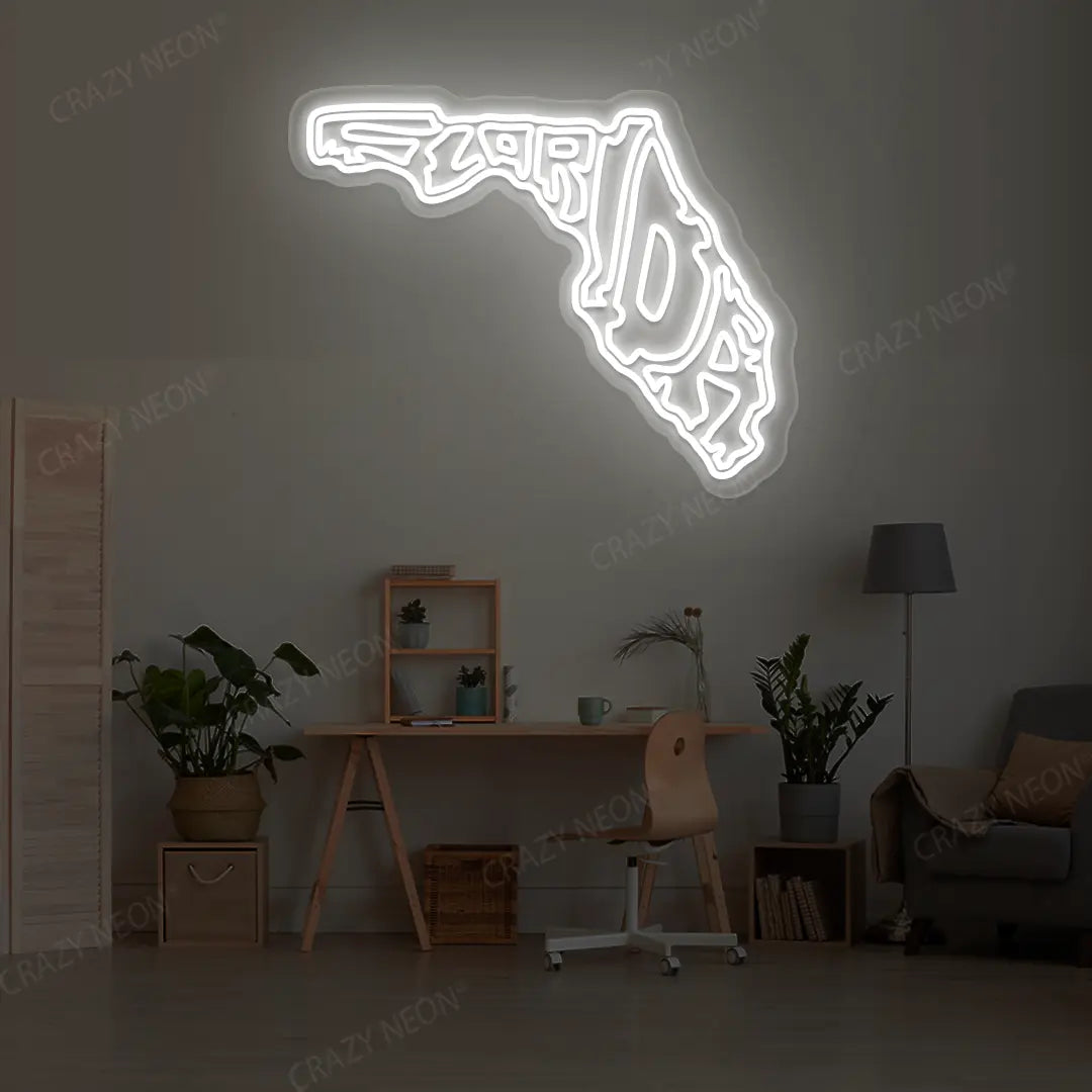 FLORIDA Map Neon Sign lighting up in white color in a room