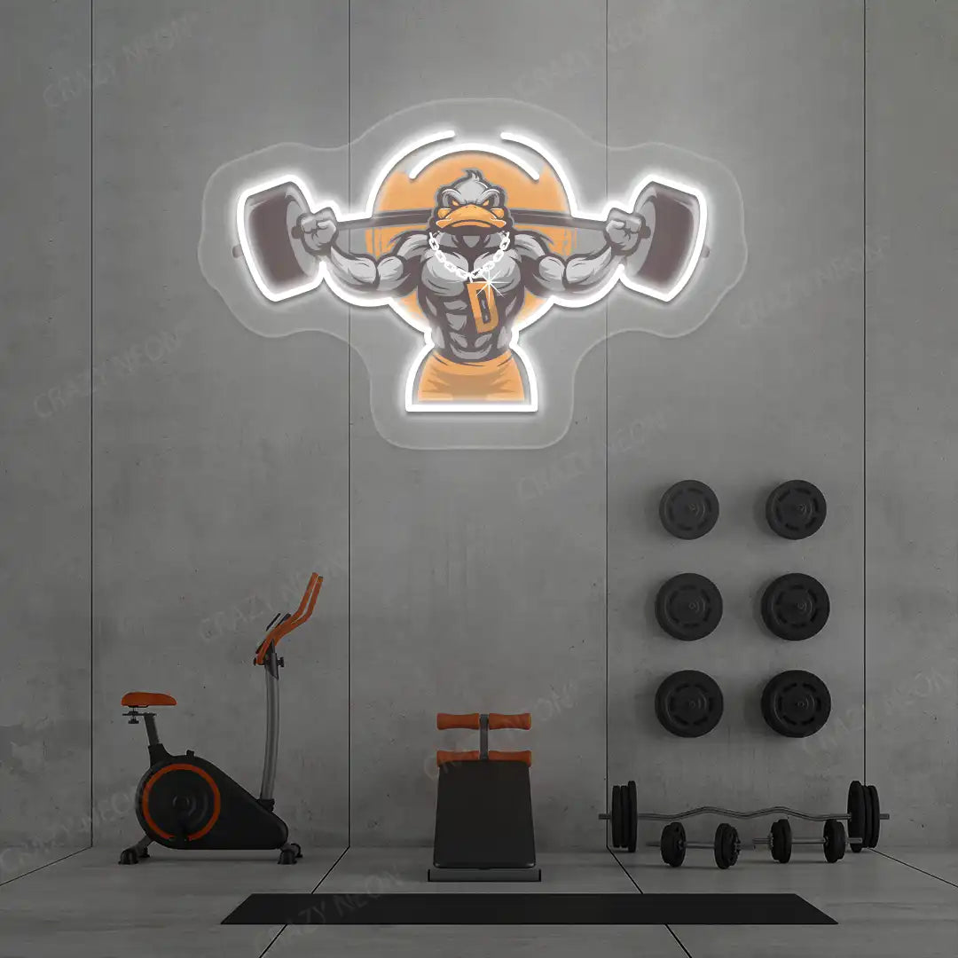 white muscular duck powerlifting gym neon artwork mounted on a wall