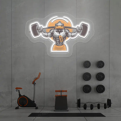 white muscular duck powerlifting gym neon artwork mounted on a wall