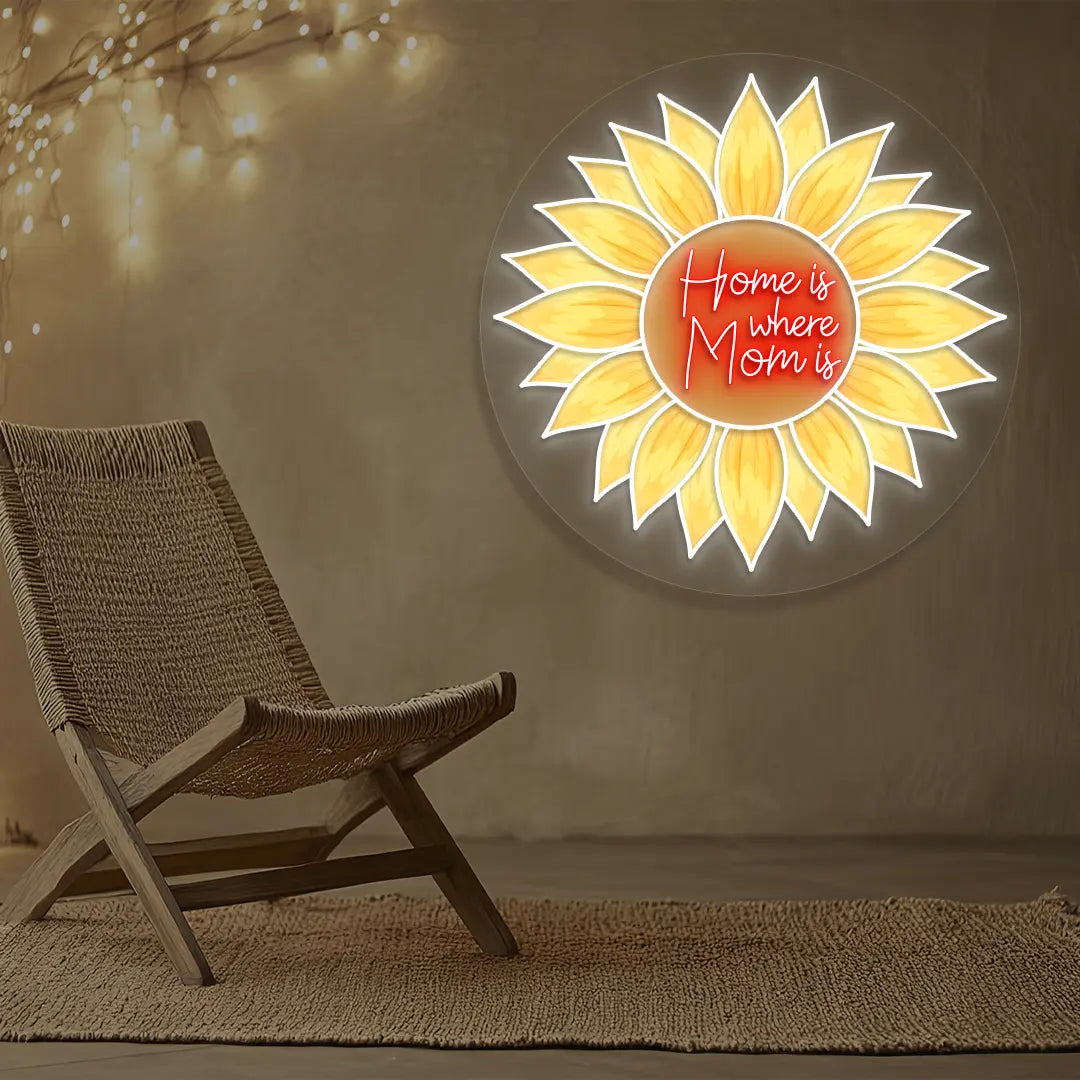 Home Is Where Mom Is Sunflower Neon Artwork in Red Color