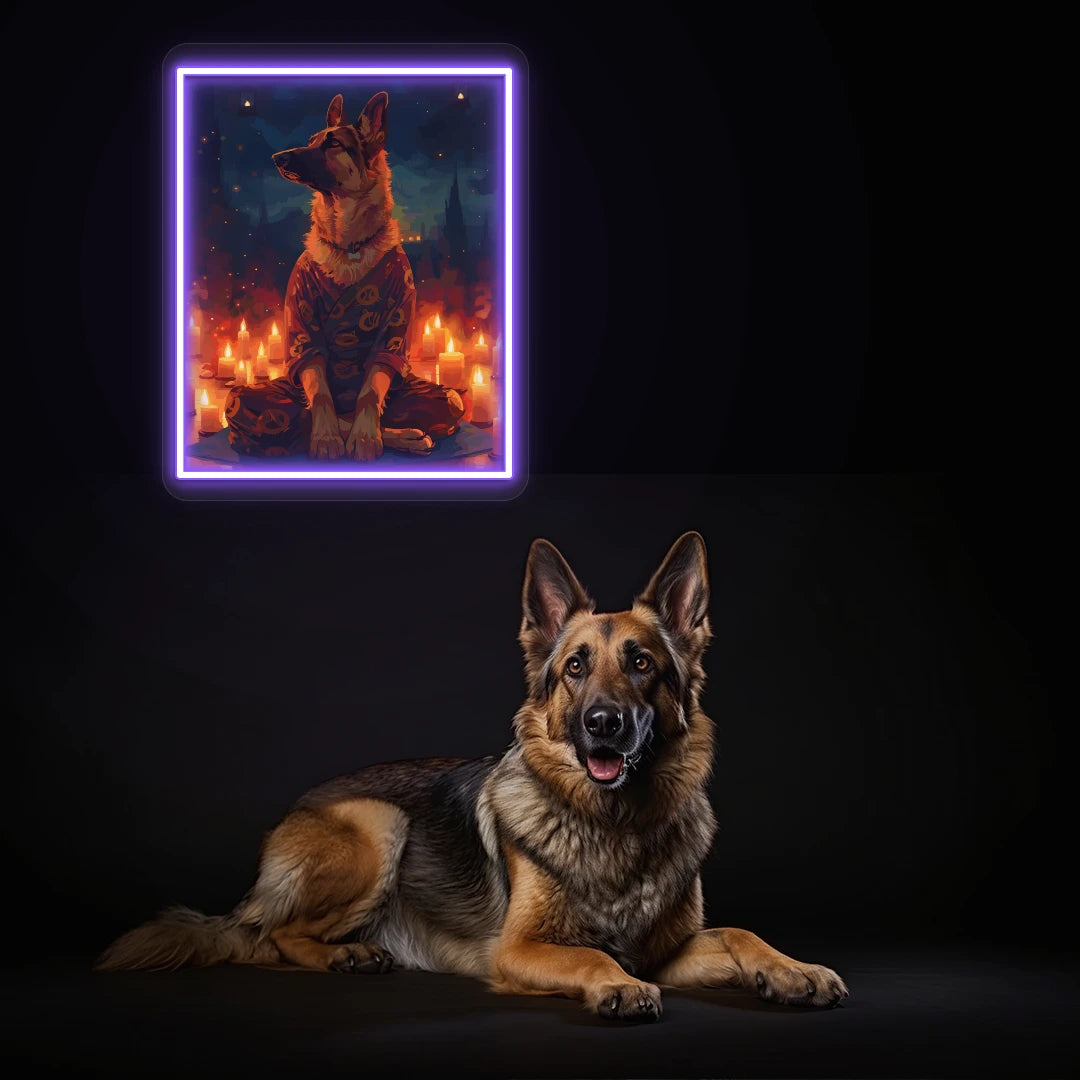 Candlelight Zen German Shepherd Neon Artwork in Purple Color