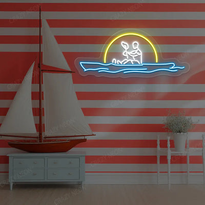 yellow white and ice blue sunset kayaking minimal neon sign mounted on a wall