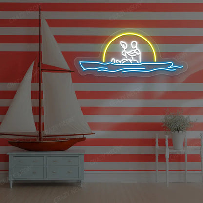 yellow white and ice blue sunset kayaking minimal neon sign mounted on a wall