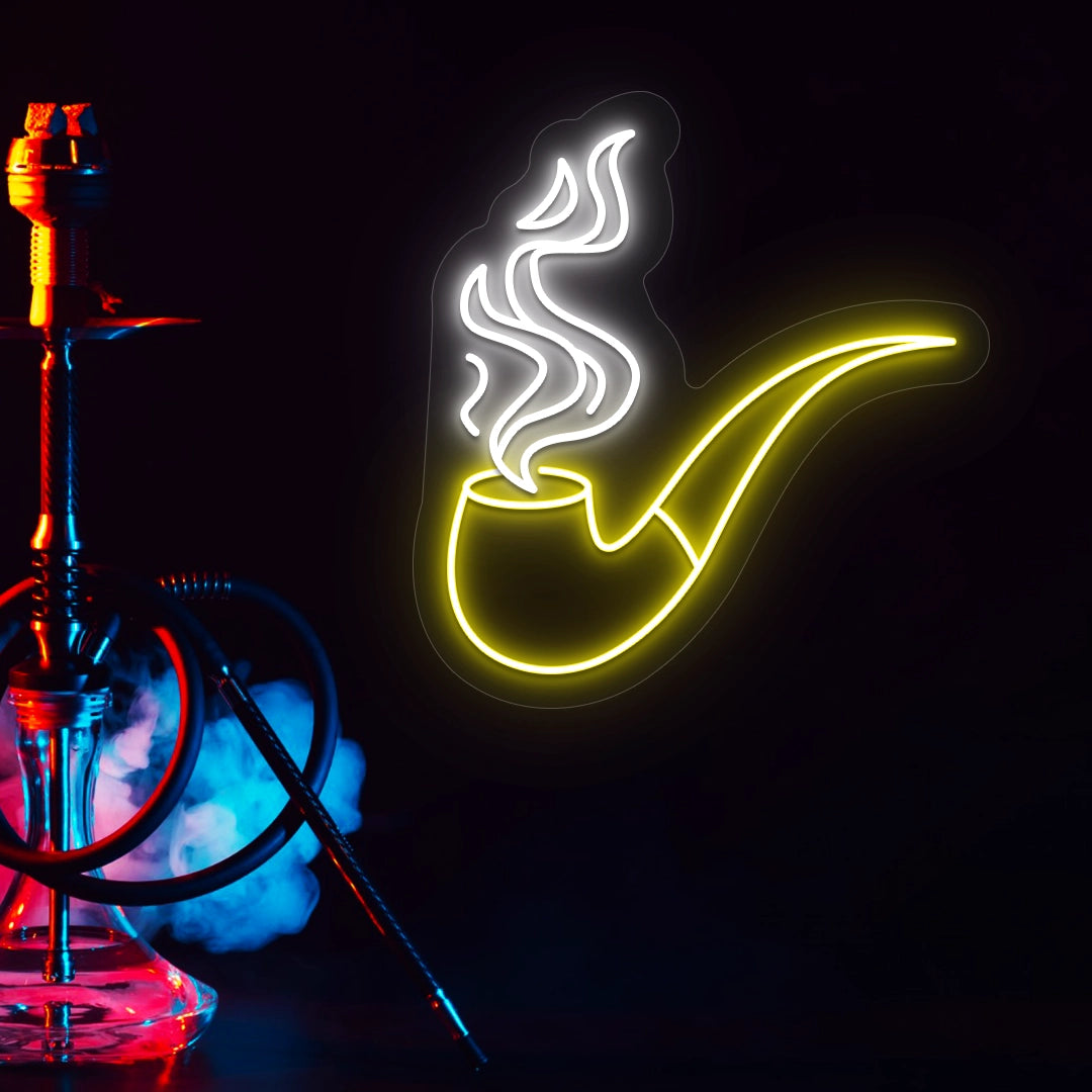 yellow and white retro smoke and pipe vintage neon sign mounted on a wall
