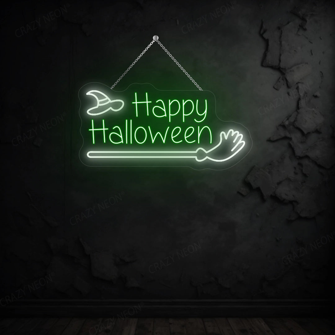 Happy Halloween with Broom Stick LED Neon Sign | Green 