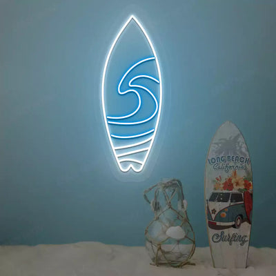 ice blue and white surfboard beach neon sign mounted on a wall