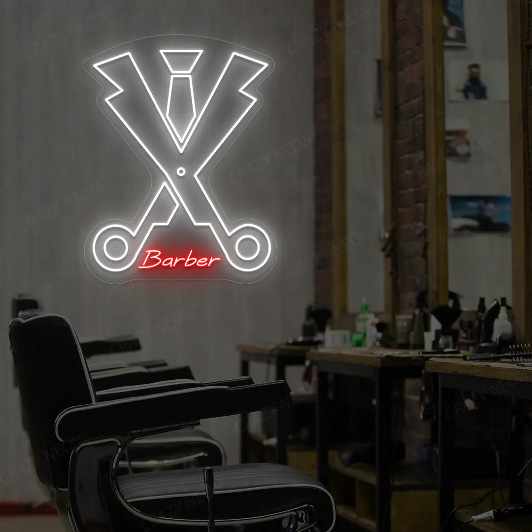 Dapper Barber Scissors Neon Sign in White and Red Colour Mounted on wall