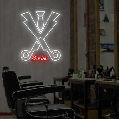 Dapper Barber Scissors Neon Sign in White and Red Colour Mounted on wall