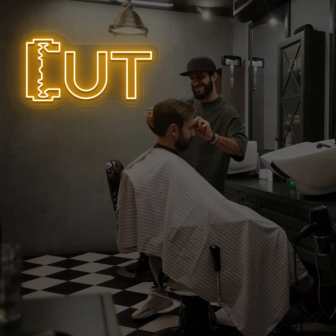 Cut Blade Barber Neon Sign in Orange Color
