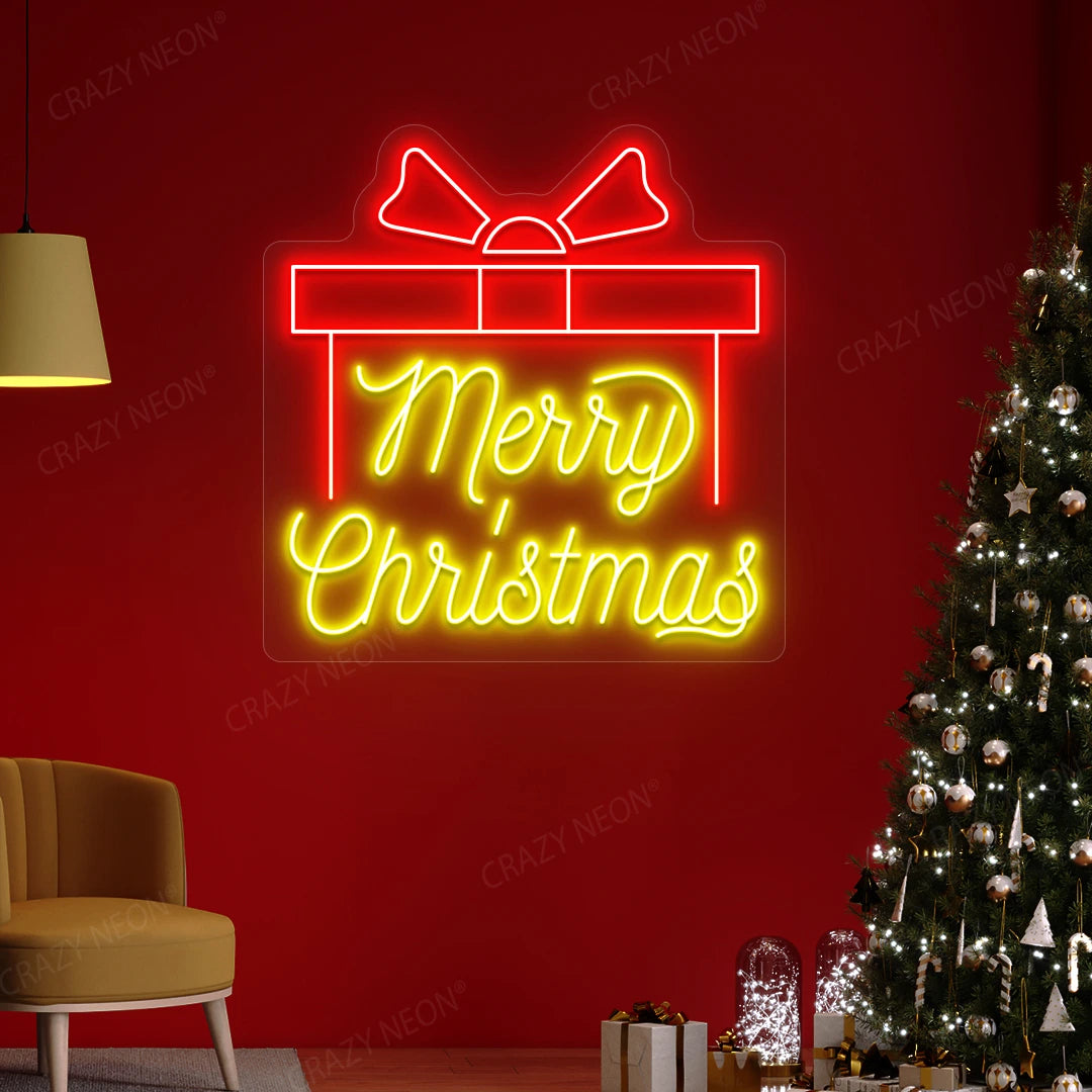 Merry Christmas Gift Box Neon Sign | Yellow