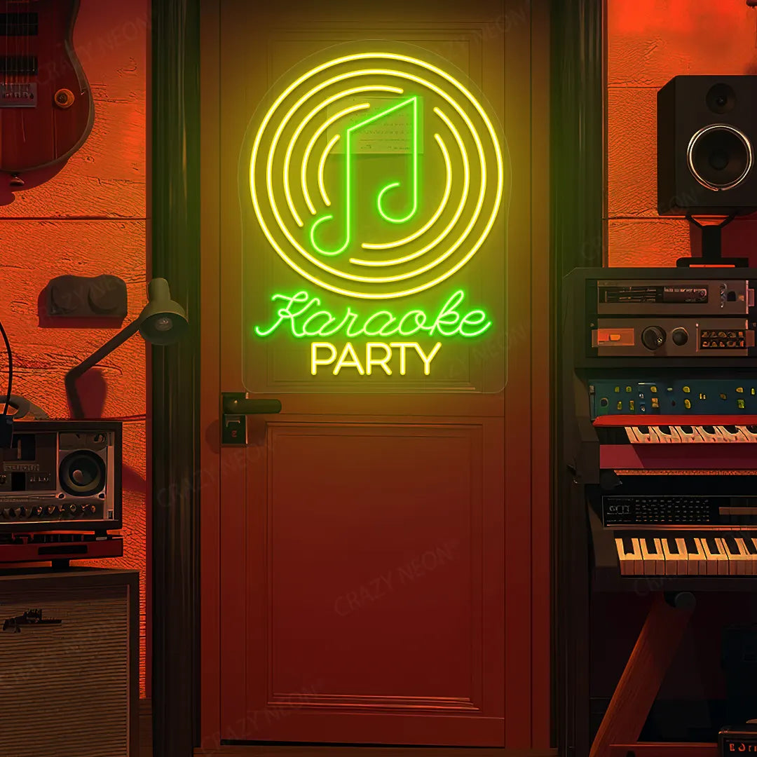 Karaoke Party Neon Sign in Green and Yellow Colour mounted on wall