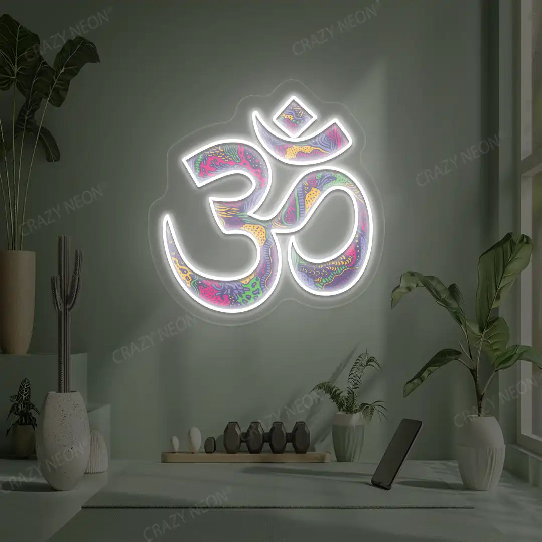 Psychedelic OM Neon Artwork lighting up in white color in a yoga room