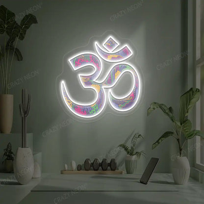 Psychedelic OM Neon Artwork lighting up in white color in a yoga room