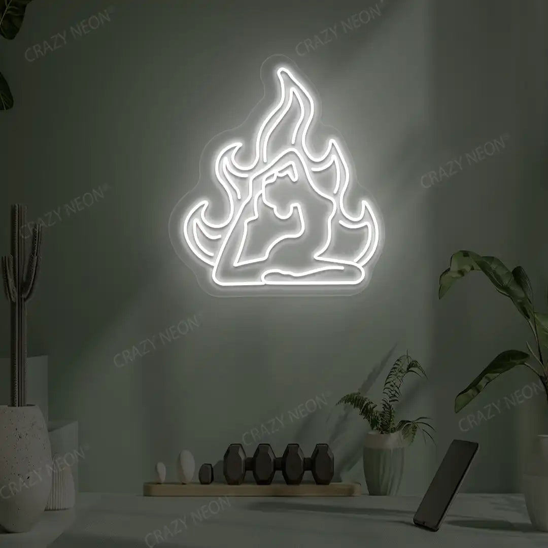 Flamed Eka Pada Rajakapotasana Yoga Neon Sign lighting up in white color in a yoga room