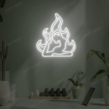 Flamed Eka Pada Rajakapotasana Yoga Neon Sign lighting up in white color in a yoga room