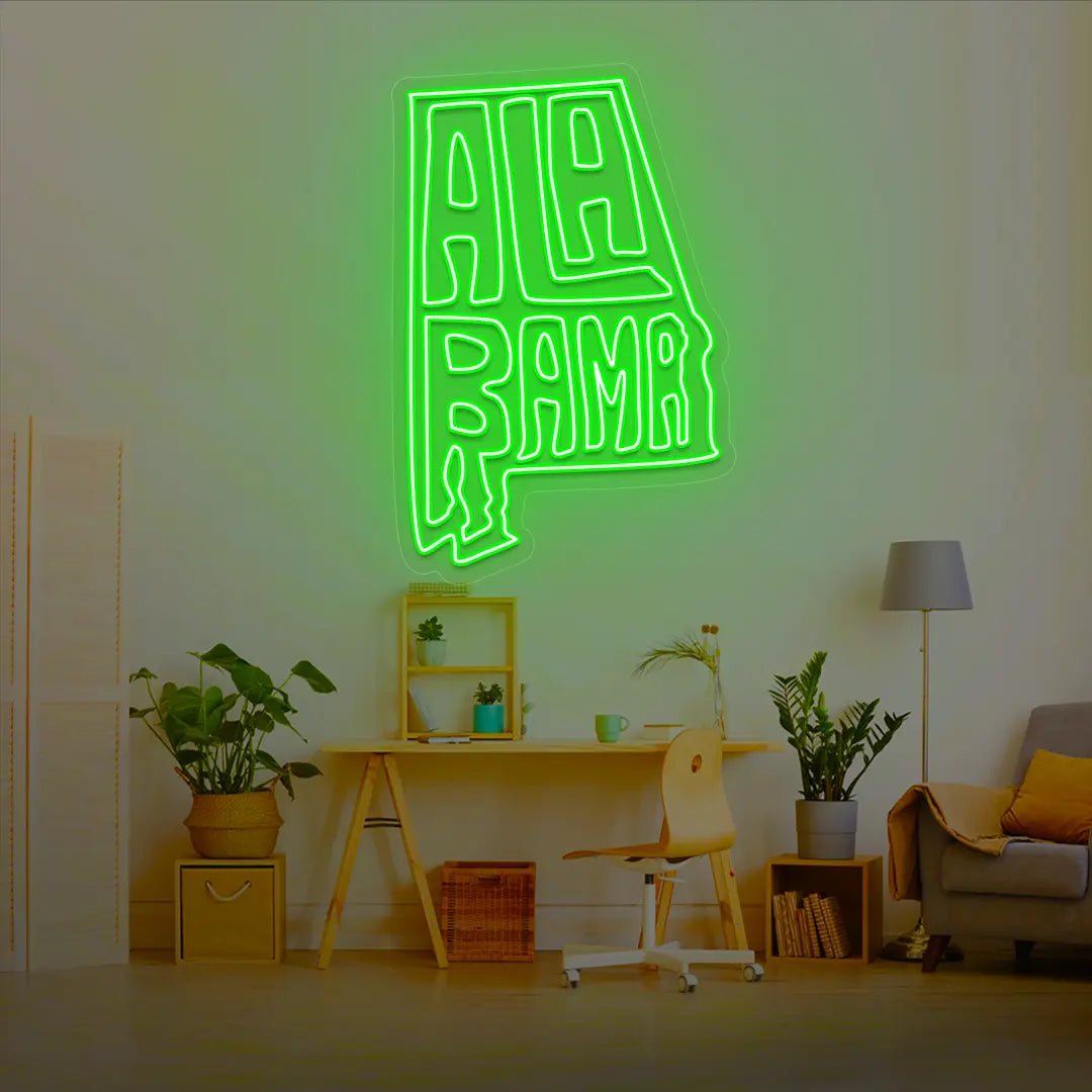 ALABAMA Map Neon Sign lighting up in green color in a room