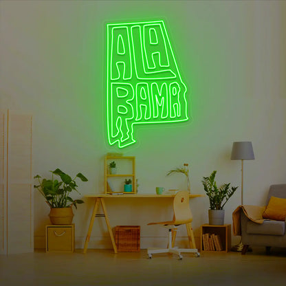 ALABAMA Map Neon Sign lighting up in green color in a room