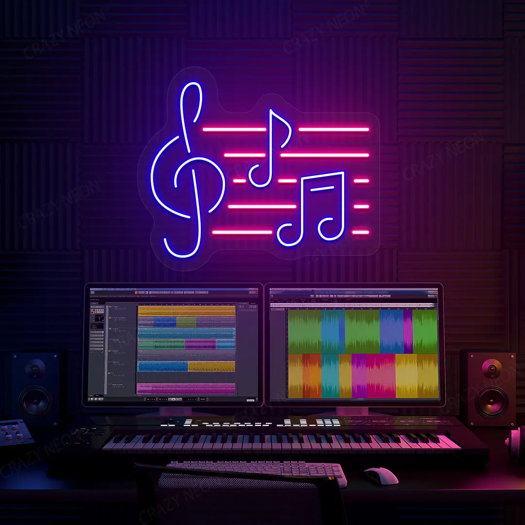 Music Notes Neon Sign In Blue and Pink Colour mounted on Wall