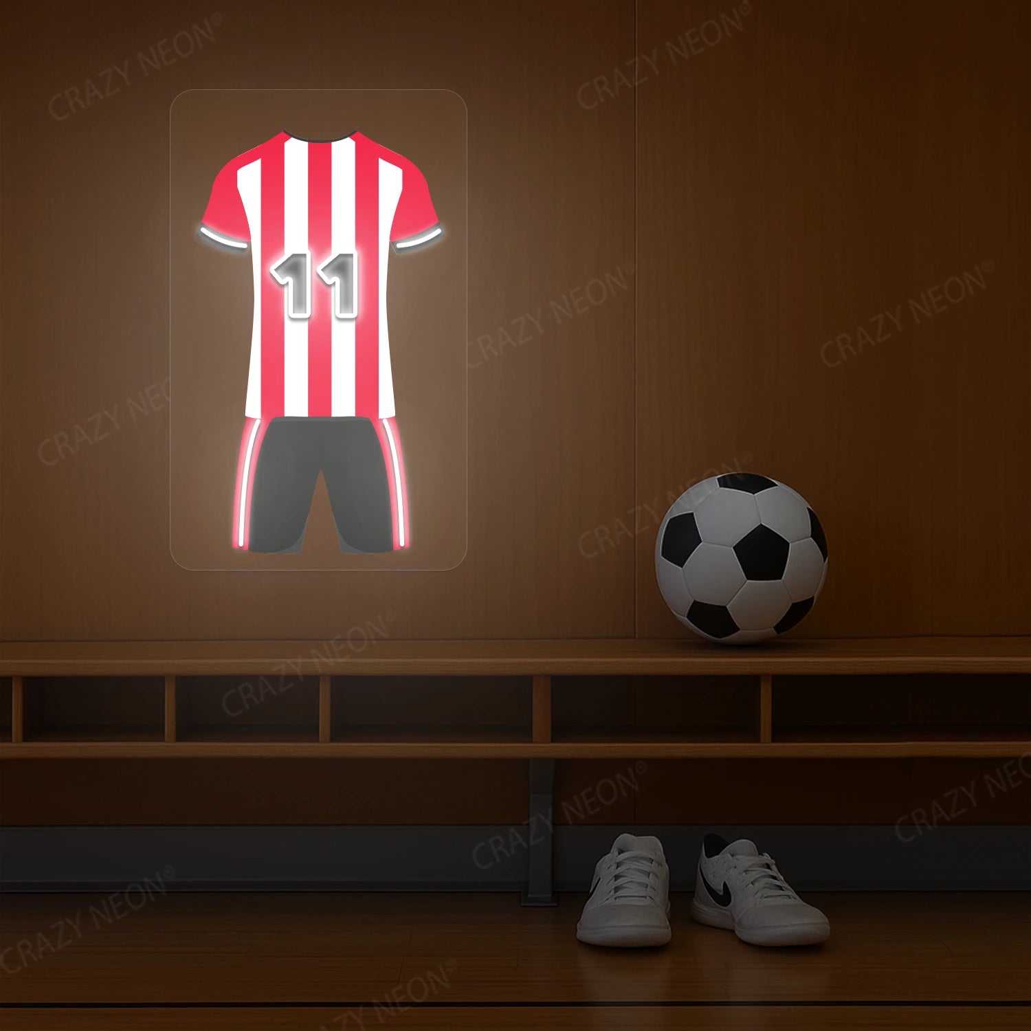 Red and white striped football jersey neon artwork with number 11 glowing on a wooden wall