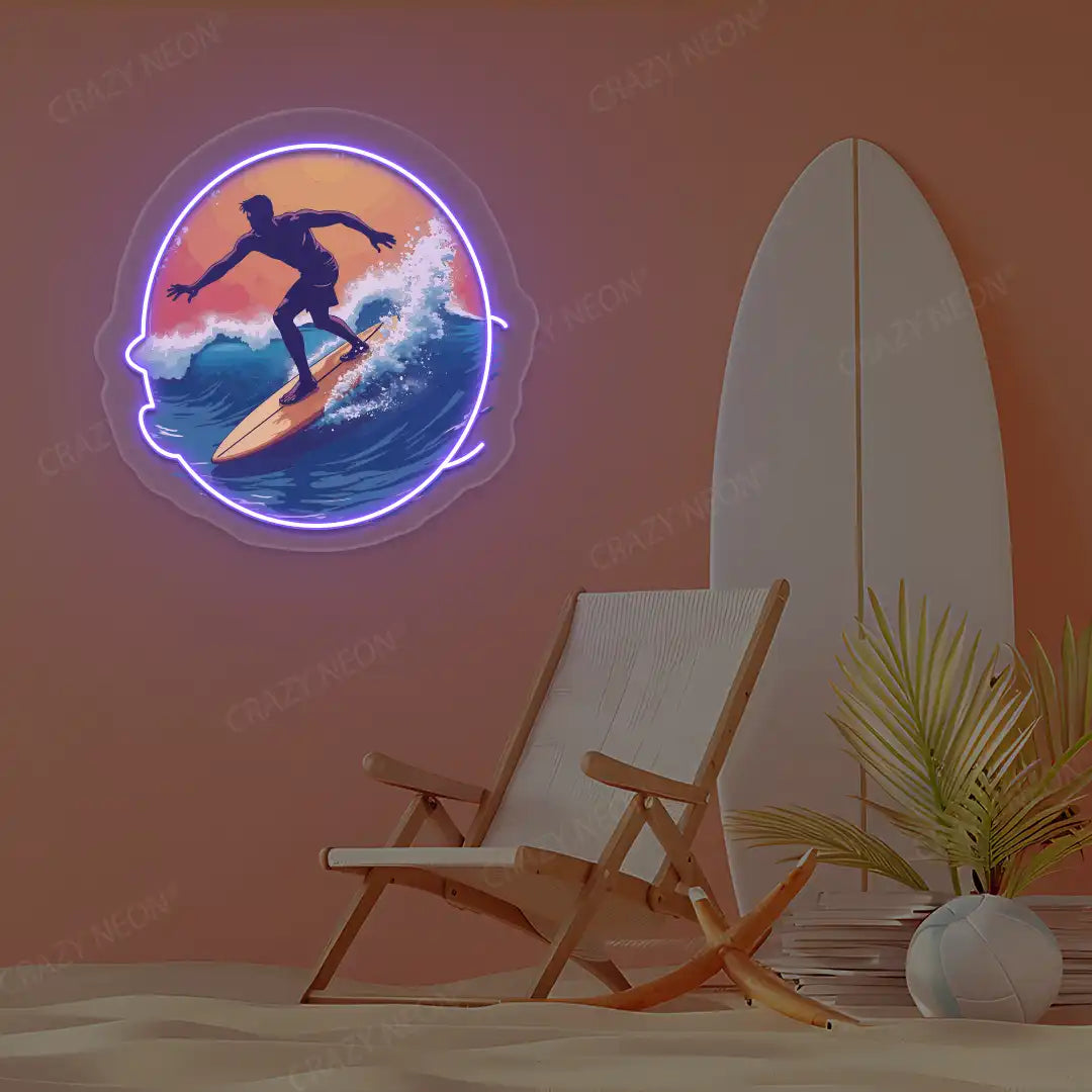 purple surfer catching wave neon artwork mounted on a wall