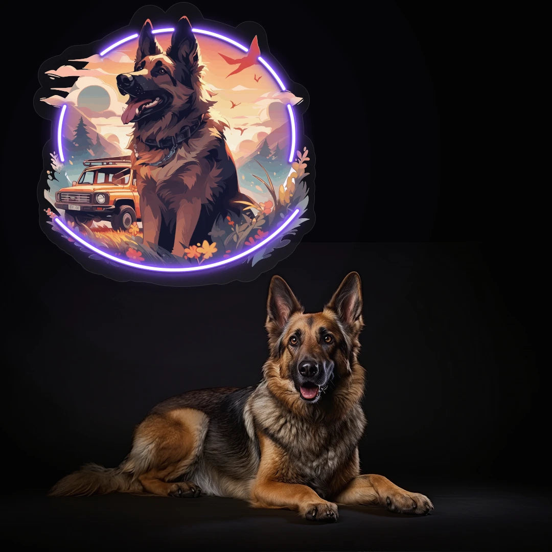 Adventure Trail German Shepherd Neon Artwork in Purple color