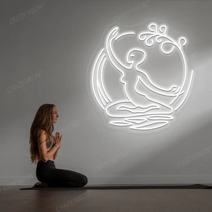 Chi Flow meditation Neon Sign lighting up in white color in a yoga room