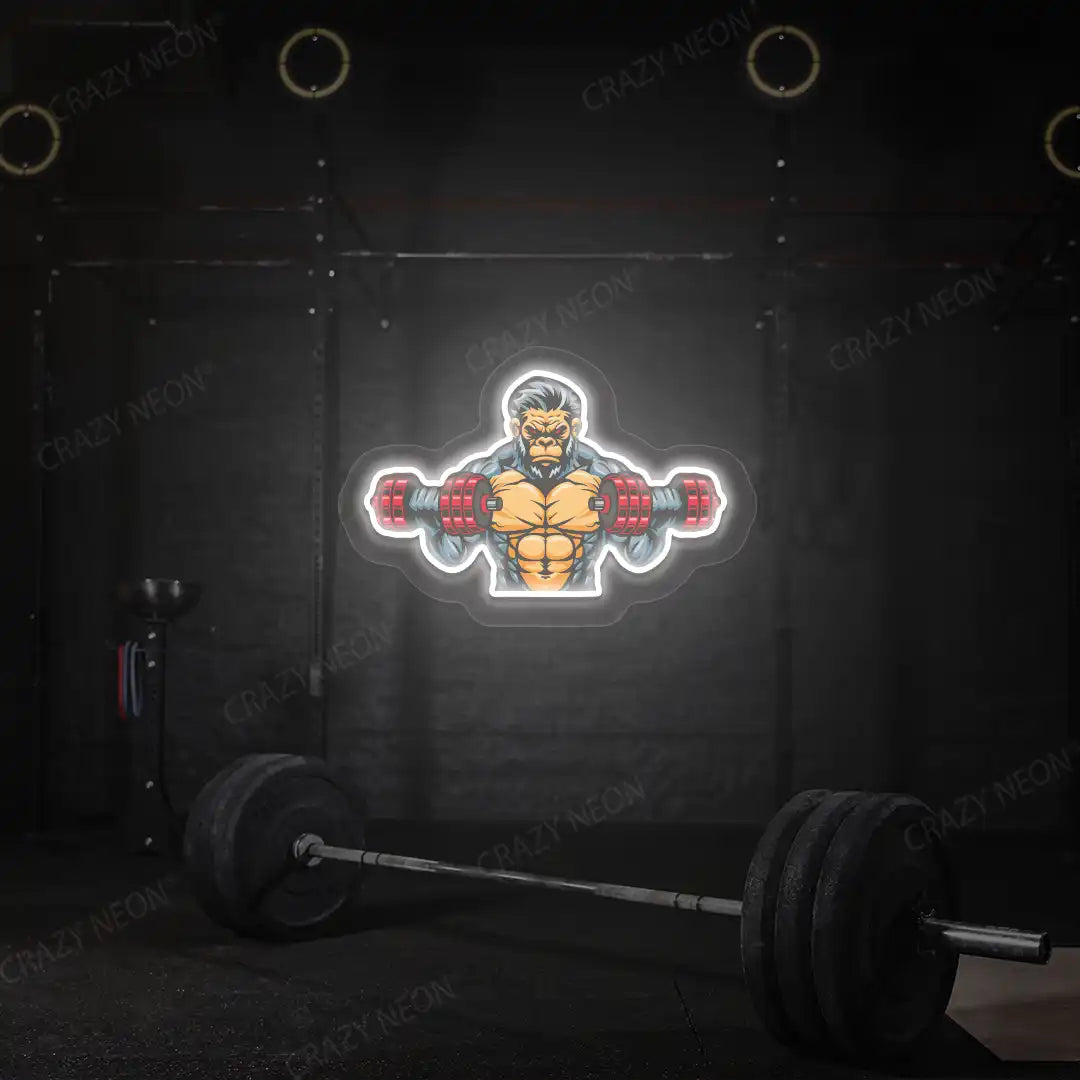 white monkey workout gym neon artwork mounted on a wall