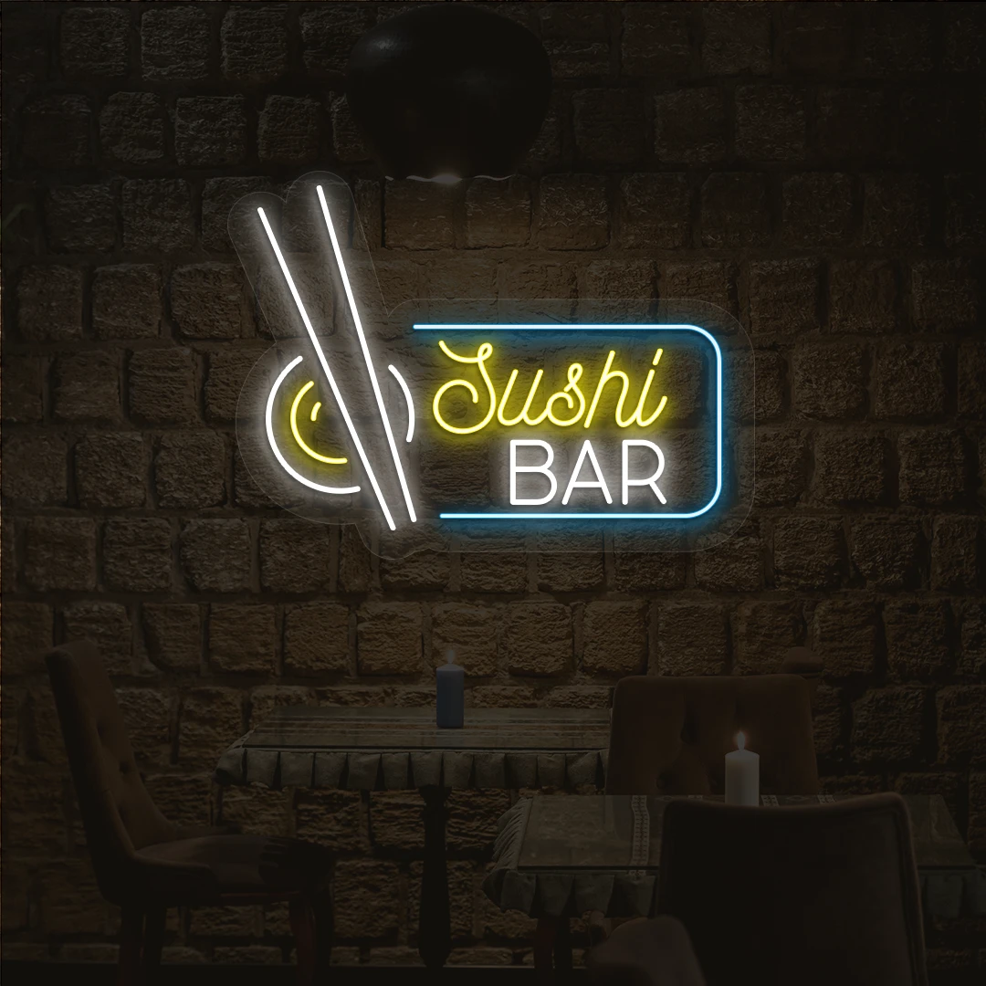 yellow white and ice blue sushi bar neon sign mounted on a wall
