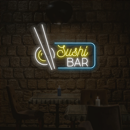 yellow white and ice blue sushi bar neon sign mounted on a wall