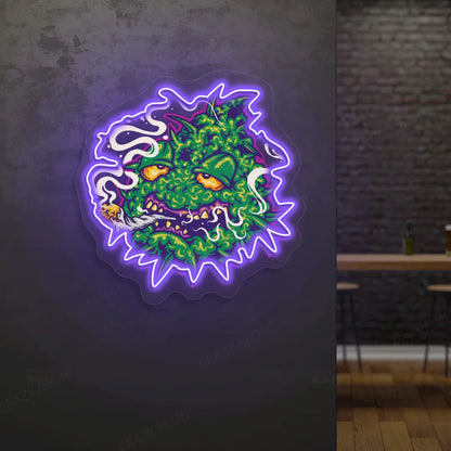 Trippy Weed Monster Neon Artwork in purple color