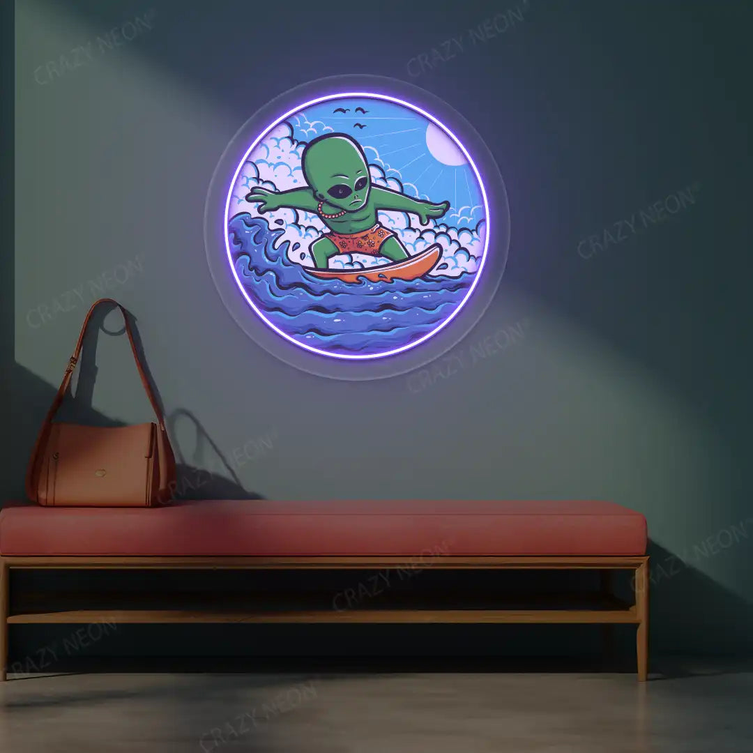 purple alien surfer neon artwork mounted on a wall