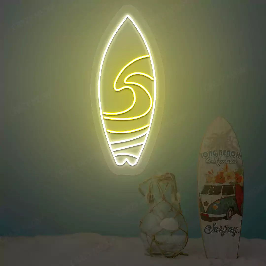 yellow and white surfboard beach neon sign mounted on a wall