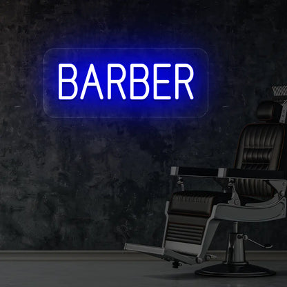 Barber Neon Sign in Blue Colour Mounted on Wall 