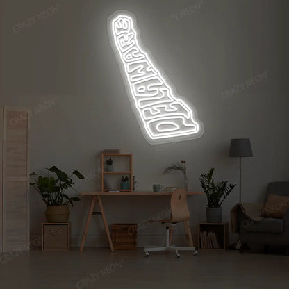 DELAWARE Map Neon Sign lighting up in white color in a room
