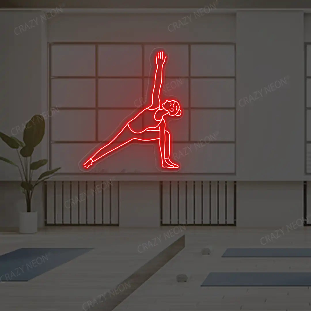 Utthita Parsvakonasana Yoga Neon Sign lighting up in red color in a yoga room