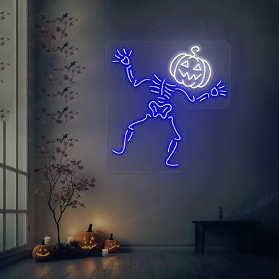 Dancing Pumpkin Skeleton Neon Sign | Blue