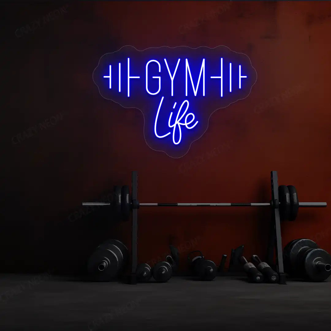 blue gym life neon sign mounted on a wall