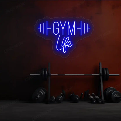 blue gym life neon sign mounted on a wall