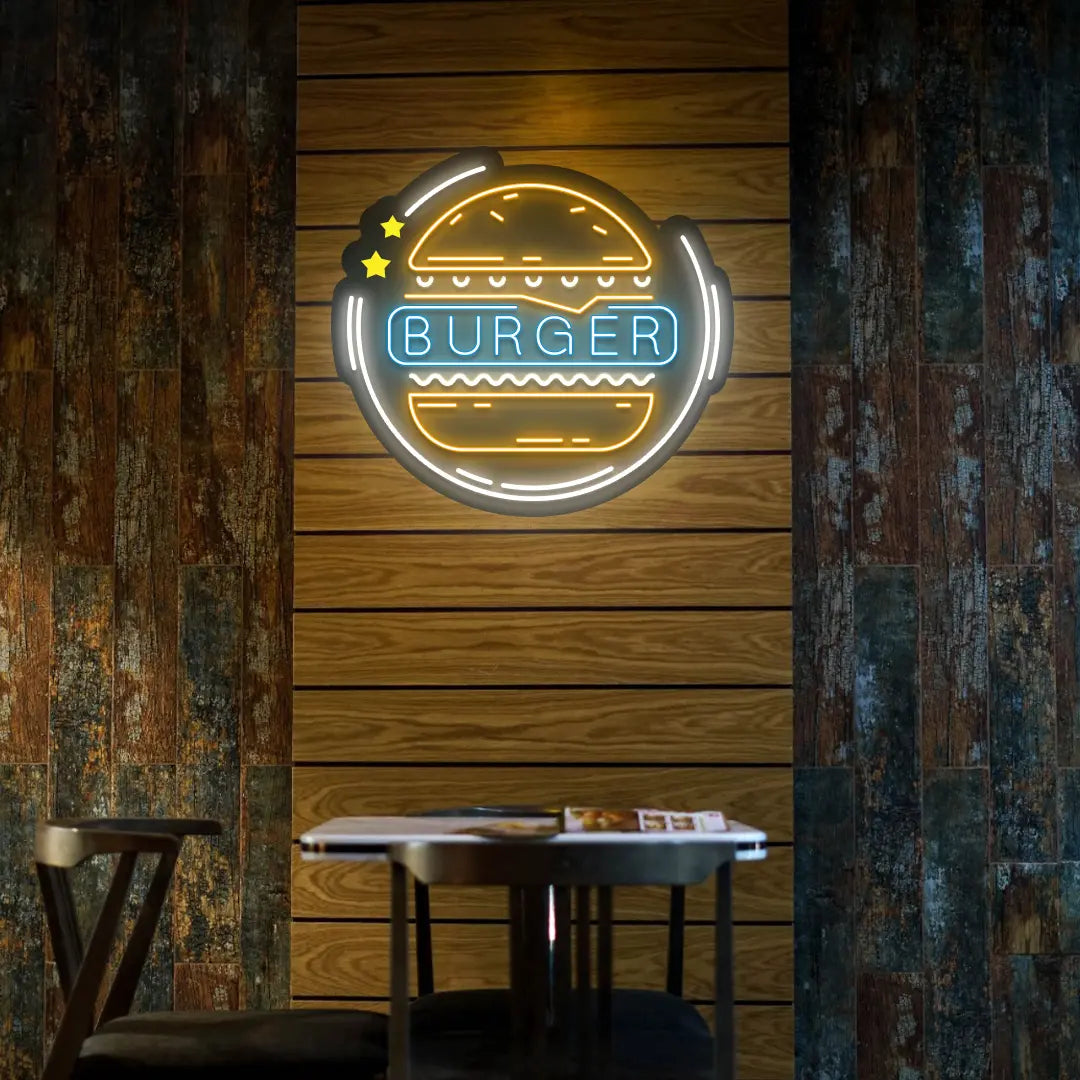 ice blue orange and white burger buzz neon sign mounted on a wall