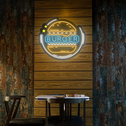 ice blue orange and white burger buzz neon sign mounted on a wall