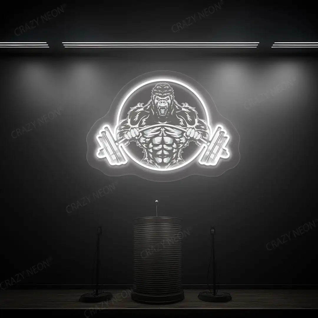 white roaring gorilla gym neon artwork mounted on a wall