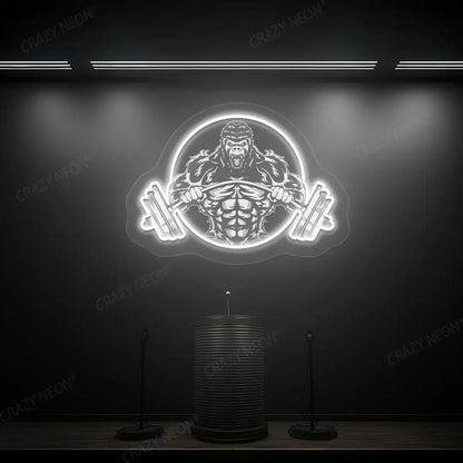 white roaring gorilla gym neon artwork mounted on a wall