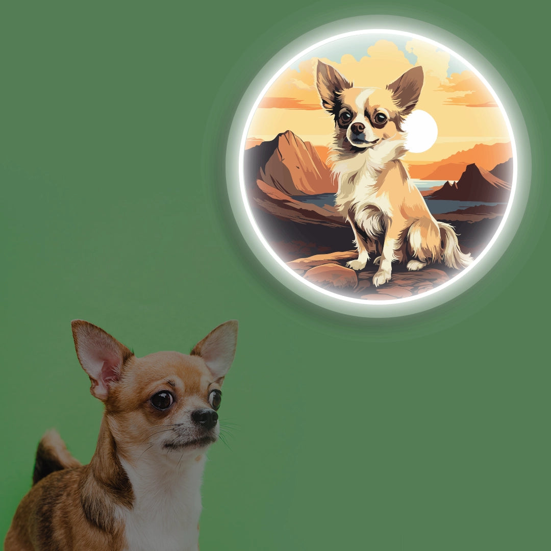 Sunset Canyon Long Coat Chihuahua Neon Artwork in White color
