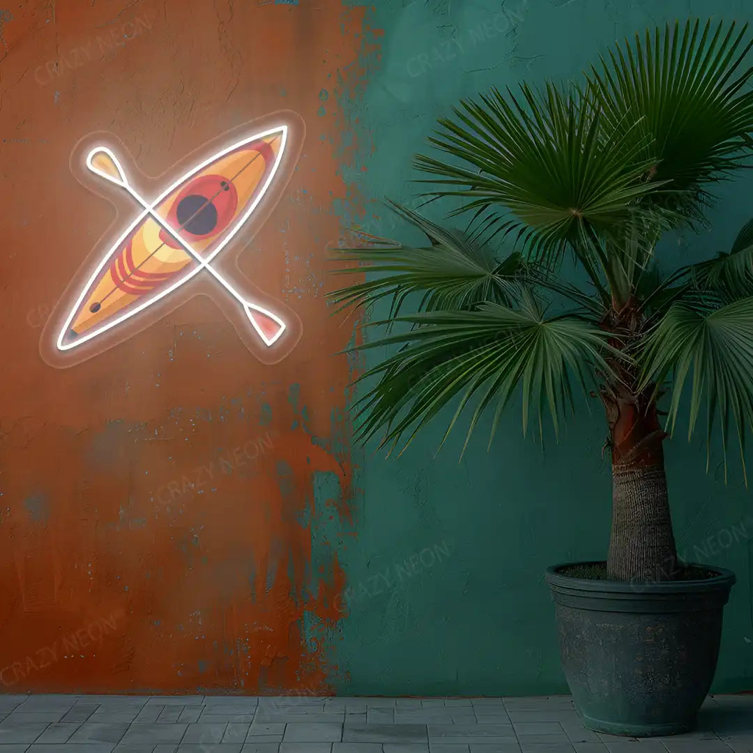 white kayak boat neon artwork mounted on a wall