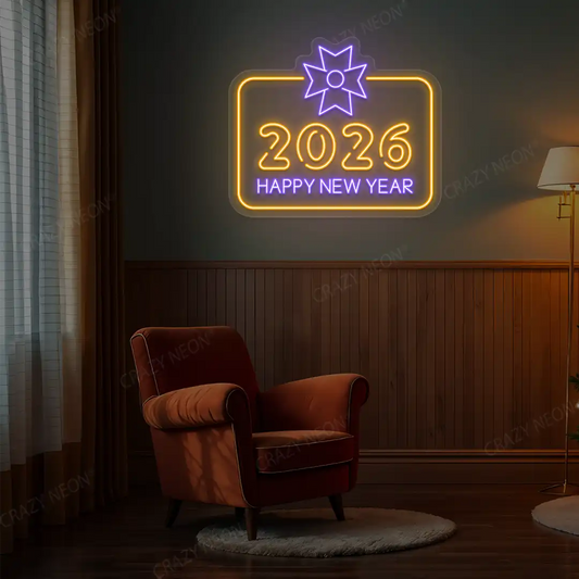 Neon wall sign that reads '2026 Happy New Year' in orange and purple lights