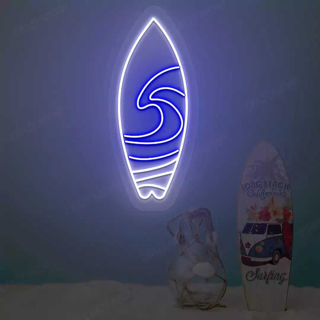 blue and white surfboard beach neon sign mounted on a wall