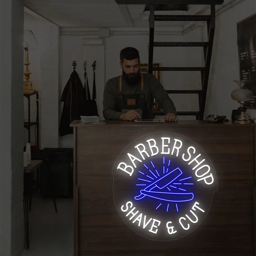 Barber Shop Shave & Cut Neon Sign in White and Blue Colour mounted on wall