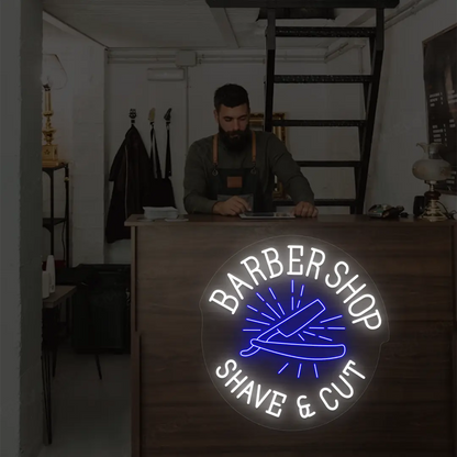 Barber Shop Shave & Cut Neon Sign in White and Blue Colour mounted on wall