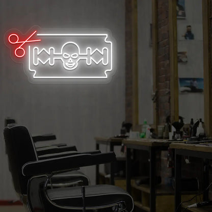 Skull Razor Blade Barber Neon Sign in Red colour 