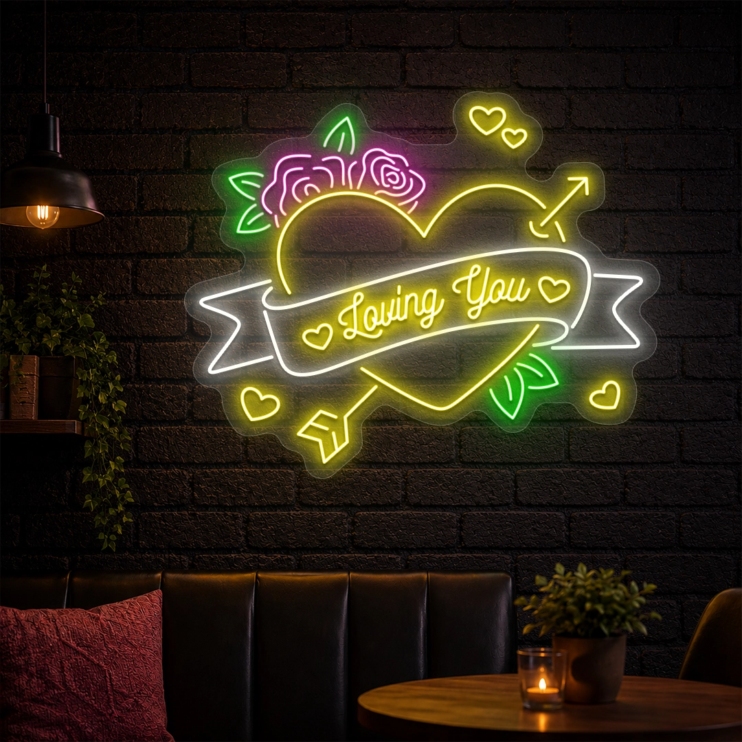 Loving You Rose Heart Arrow Neon Sign in yellow color
